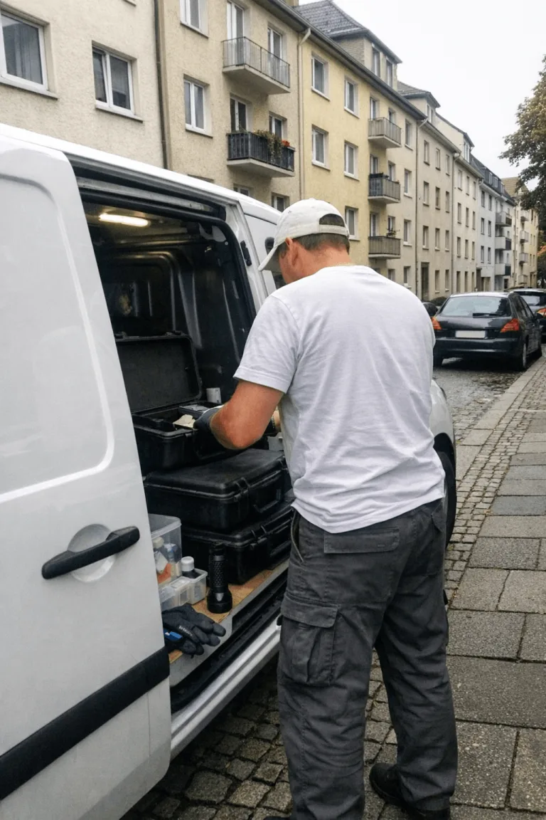 Techniker am Einsatzfahrzeug bereitet sich auf die lokale Schädlingsbekämpfung vor